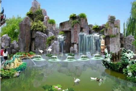 大型魚池水池噴泉瀑布假山效果圖